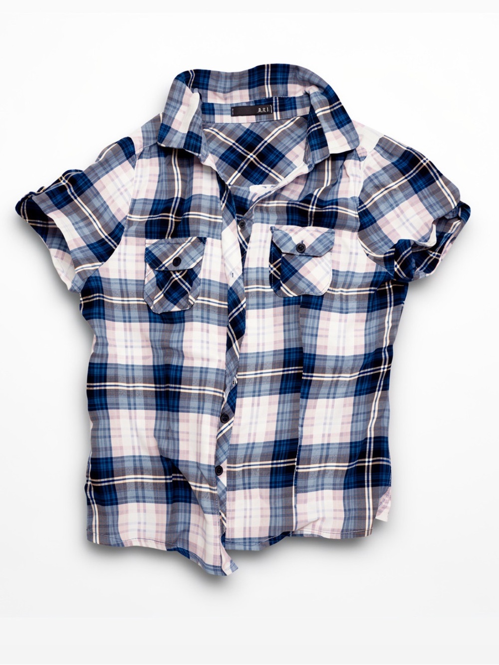 Forever 21 Plaid Button Down Blue & White Sheer Top w/ Front Pockets Size Large